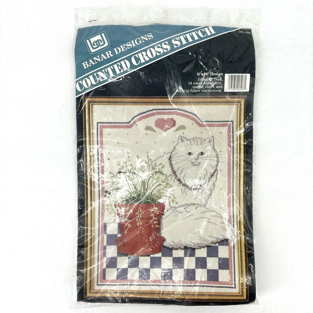 Banar Designs Counted Cross Stitch Kit Kitty Cat 11x14 White Persian w Plant NEW